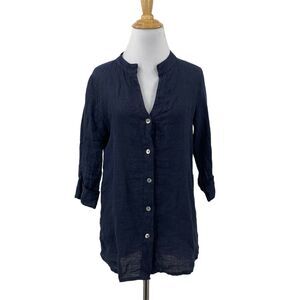 Lungo Larno Top Womens S Small Navy Banded Collar Button Front Italy Flax Linen